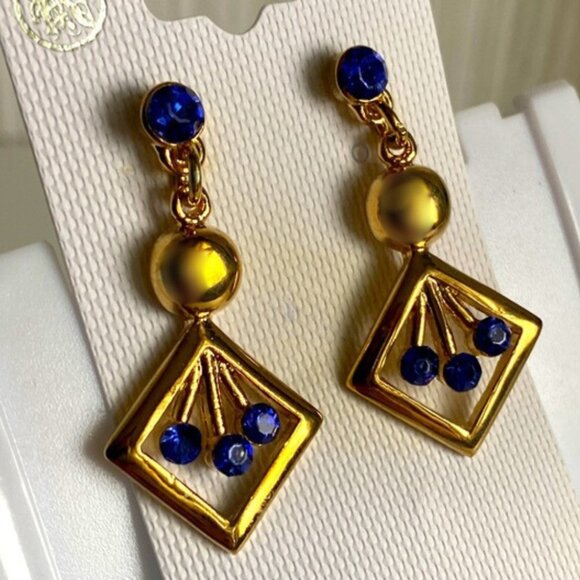 Jewelry - Gold Tone and Blue Dangle Earrings with Diamond Shaped Pendant